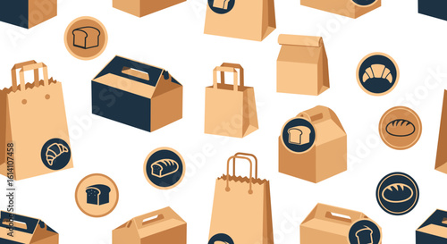Seamless pattern of bakery bags and bread icons on transparent background