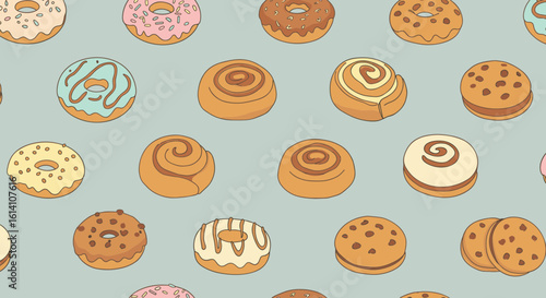 Pattern of donuts, cinnamon rolls, and cookies on light blue background on transparent background