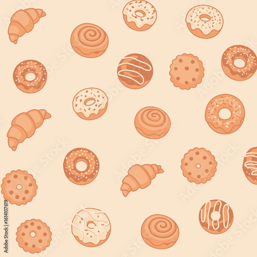Pattern of donuts, croissants, cookies, and cinnamon rolls on a beige background on transparent background