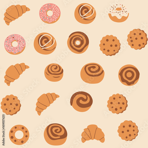 Pastry assortment: croissants, donuts, cinnamon rolls, and cookies on transparent background