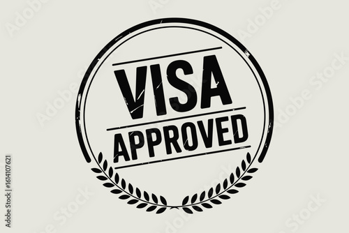 A visa approved stamp with a laurel wreath border on a light background in a circular design