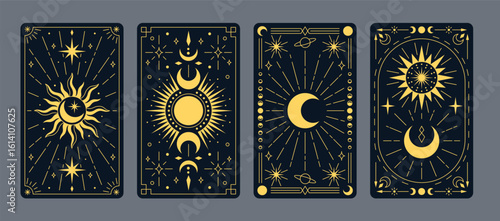 Set of tarot cards with celestial elements: moon, sun, stars, planets on a dark background.
