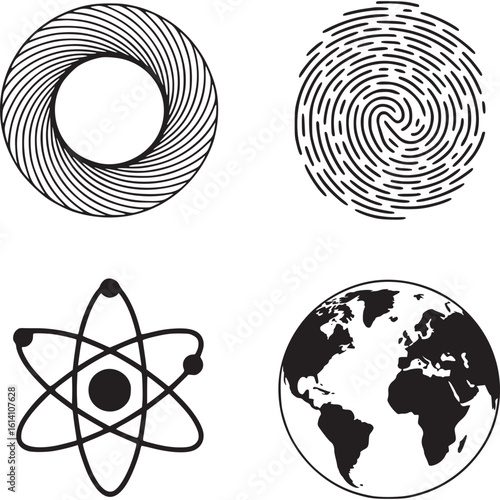 Photography Four black and white graphic icons: swirled circle, spiral, atom, and globe on t