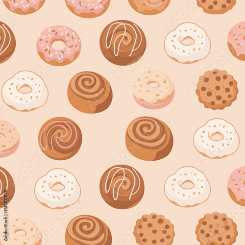 Seamless pattern of donuts, cinnamon rolls, and cookies on beige background on transparent background