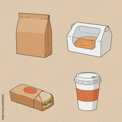 Illustration of takeout food items: bag, pastry box, wrapped sandwich, and coffee cup on transparent background