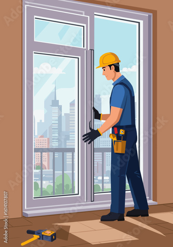 Window installer working on a modern apartment with city view  
