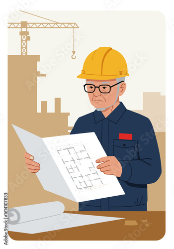 A foreman reads blueprints at a construction site  