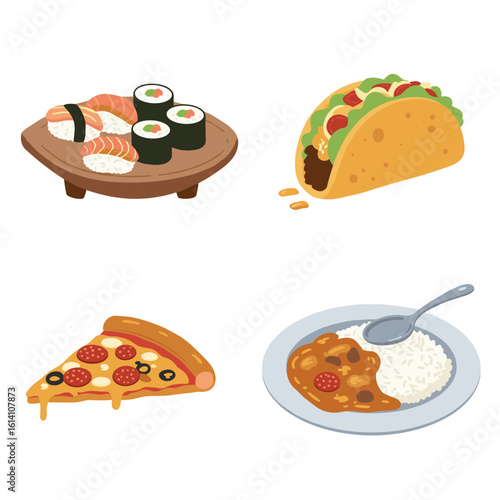 Assorted food illustrations: sushi, taco, pizza slice, and curry with rice on transparent background