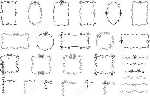 Black vintage bows curly frame vector set, wavy ribbons border, line art for greeting card, wedding invitation design