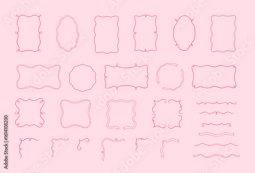 Pink vintage outline frames vector set, wavy ribbon border coquette line art for greeting invitation romantic design
