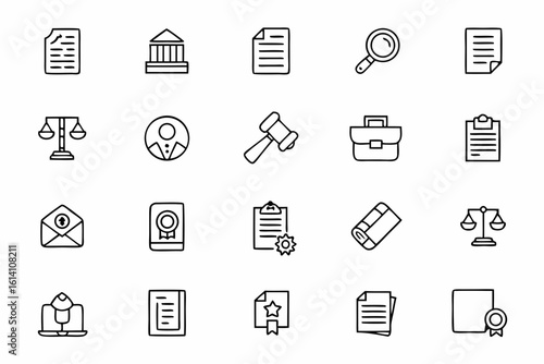 A precise and well-balanced line art bundle focused on official legal documents and courtroom actions. Ideal for contract apps, legal templates, and court service portals