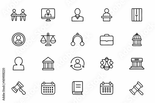 A professional collection of minimalist line icons representing courtroom elements and legal proceedings. Perfect for law firm branding, court process infographics, and legal presentations