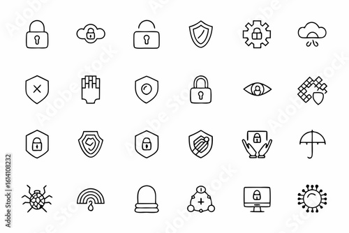 A secure and high-tech set of line icons representing cybersecurity protocols and data protection in server environments. Perfect for IT firms, fintech dashboards, and compliance visuals