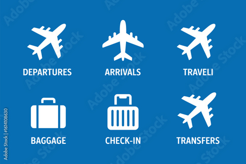 Airport signs featuring planes and luggage on a blue background indicating travel services info