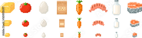 Pixel food icon set in three sizes. Retro style 8-bit game interface.