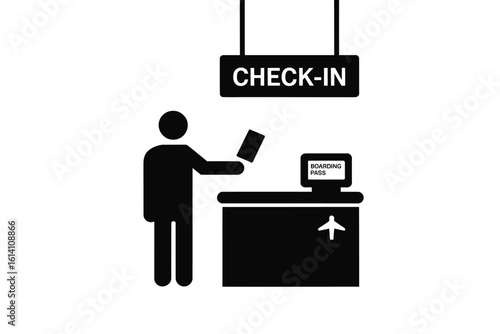 A black and white illustration of a person checking in at an airport check in counter sign