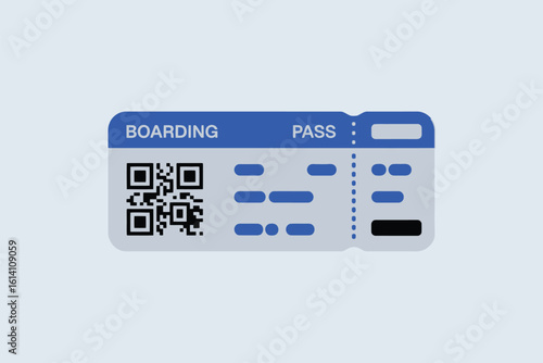 A blue and white boarding pass with a qr code on a light blue background in a flat design