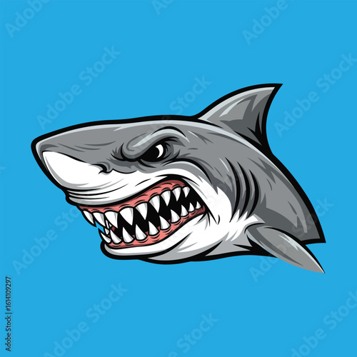 Fierce great white shark head mascot with sharp teeth and an aggressive expression.