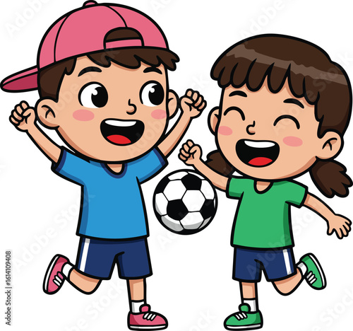 Happy children playing soccer with ball in casual sportswear and sneakers vector illustration 