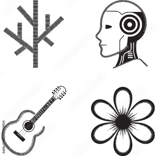 Black and white graphic with tree, robot head, guitar, and flower on transparent background