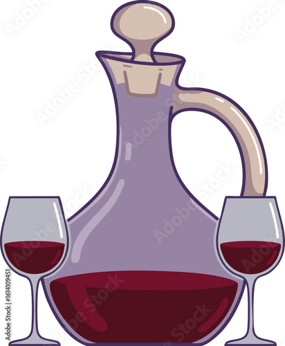 Wine decanter with two filled glasses vector illustration in purple and beige colors for beverage and leisure use 