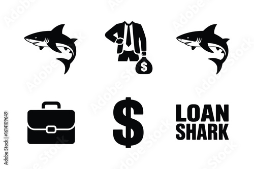 Black silhouette sharks businessman money bag briefcase dollar sign loan shark suit