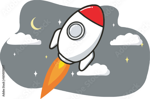 Kids rocket illustration in a night sky background with moon, clouds and stars .eps