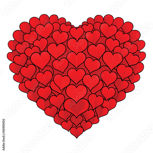 A large heart shape formed by a multitude of smaller red hearts vector on a white background.