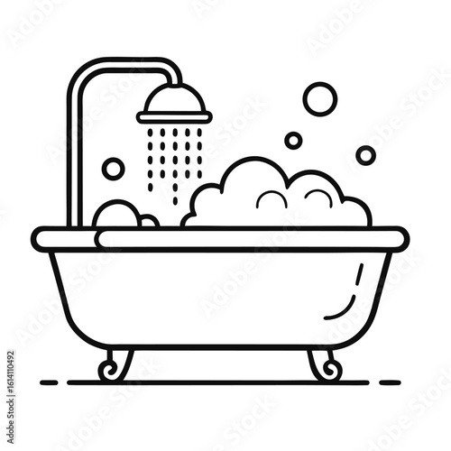 Bathtub with shower and bubbles isolated on white background
