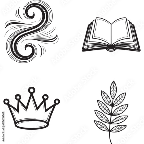 Four black and white line art illustrations: swirl, open book, crown, and leafy branch on transparent background