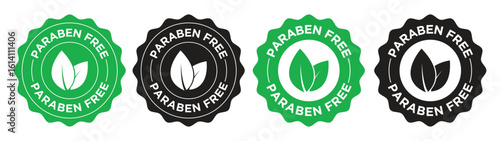 Paraben Free Seal Badge Set with Leaf Icon in Green and Black for Organic Product Labels