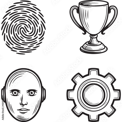 Four black and white icons: fingerprint, trophy, robot head, and gear on transparent background