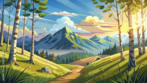 Sunny day with birch trees on a grassy slope. Summer mountainous landscape. Sky filled with clouds. Dappled light over countryside scenery.