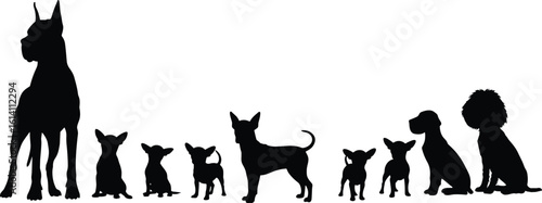 Dog breed silhouette collection, pet dog icons, sitting and standing dogs, puppy and adult, animal illustration, black vector graphic