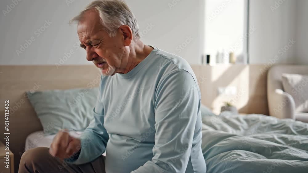 elderly man coughing at home, infectious disease elderly man coughing at home, infectious disease