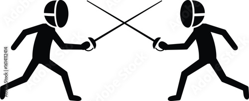 Fencing duel silhouette, sword fighting figures, stickman combat, two fencers with swords, vector illustration, martial art icon, sports pose