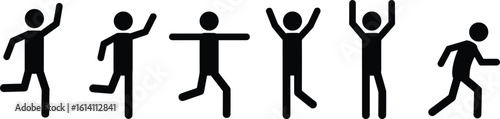 Stick figure dancing poses, black silhouette icons, energetic movement, joy expression, celebratory gesture, jump motion, character animation, isolated vector set