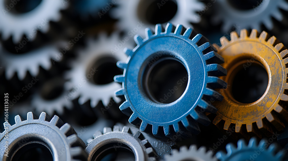 Close-up of various blue and gold gears Close-up of various blue and gold gears