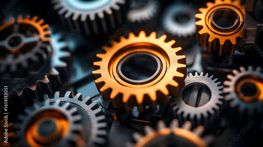 Close-up of various metallic gears interlocked. Close-up of various metallic gears interlocked.