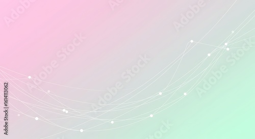 Elegant abstract background with a soft pink and green gradient, featuring flowing white particle lines and network connections.
