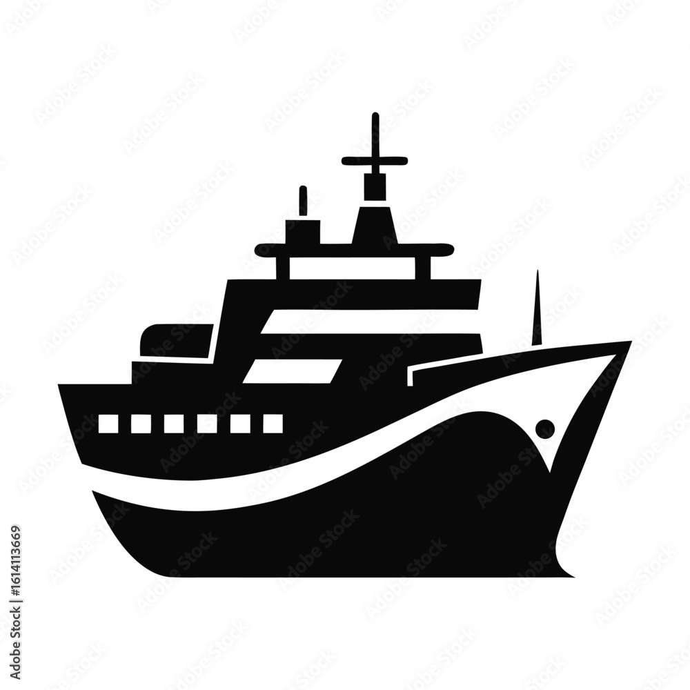 Obraz premium Modern Cruise Ship Icon – Black Silhouette Vector Illustration