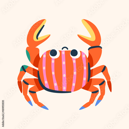 Colorful crab icon. Vector crustacean or beach animal. Vibrant and color underwater life element. Clipart of ocean, sea ecosystem. Tropical aqua edible habitat in shell. Nature and wildlife, biology.