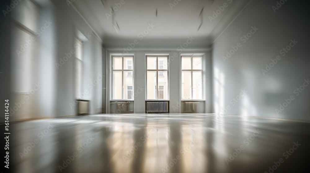 Fototapeta premium Blurred perspective of an empty, freshly painted room with windows
