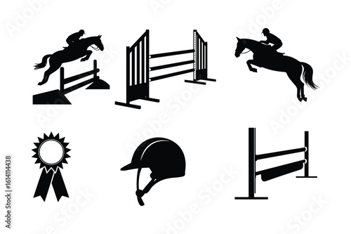 Horse jumping over obstacles with jockey helmet and award ribbon equestrian