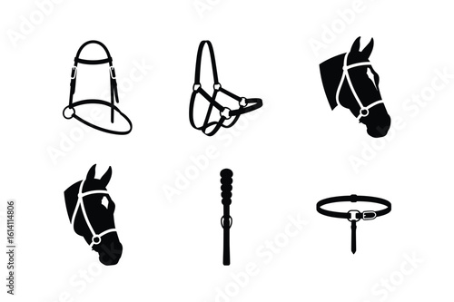 Horse tack and heads minimalistic silhouette bridle halter