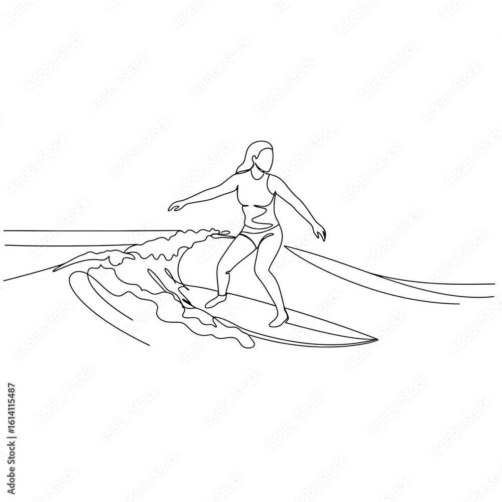 Fototapeta premium Woman surfing on wave in minimalist line drawing vector. Sports, vacations and holidays, physical activity in summer season