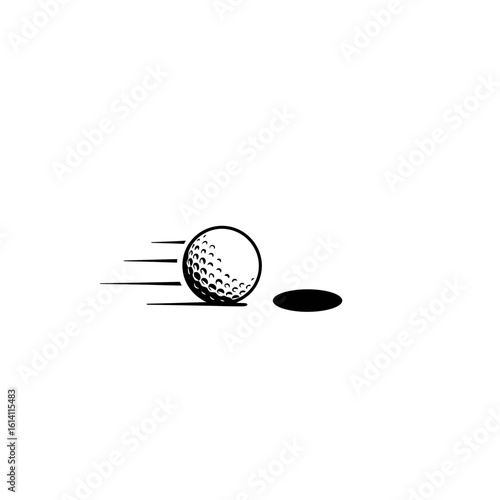 Golf ball rolling towards hole in black vector illustration. Professional sports or hobby. Physical activities outdoors