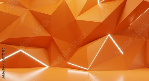 Fototapeta Naklejka Na Ścianę i Meble -  Futuristic orange polygonal backdrop with glowing neon lines. Abstract 3D geometric wall for presentation or product display.