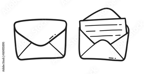 Vector illustration of hand drawn envelope and open letter. Line art isolated icons for school and communication design.