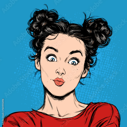 Young woman with playful hairstyle making a silly face against a bright blue background